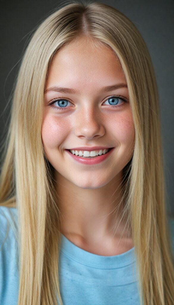 a portrait of a young girl with silky smooth, straight long blonde hair. Her hair falls over her shoulders and covers her upper body. She has sparkling, light blue eyes and a charming smile, (she wears a tight, form-fitting short pink empty T-shirt)