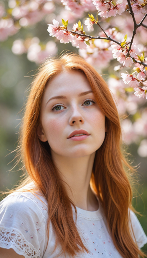 close-up portrait, a whimsical scene featuring a serene red-haired teen girl with straight hair flowing gently in the breeze, dressed in a delicate light pink, fitted t-shirt adorned with subtle lace details. She is posing, surrounded by blooming cherry blossom trees, with petals drifting gracefully around her. Her expression radiates innocence and curiosity as she gazes at a brightly colored butterfly that flits nearby, capturing the essence of a dreamy spring afternoon, reminiscent of a watercolor painting in the style of Claude Monet.