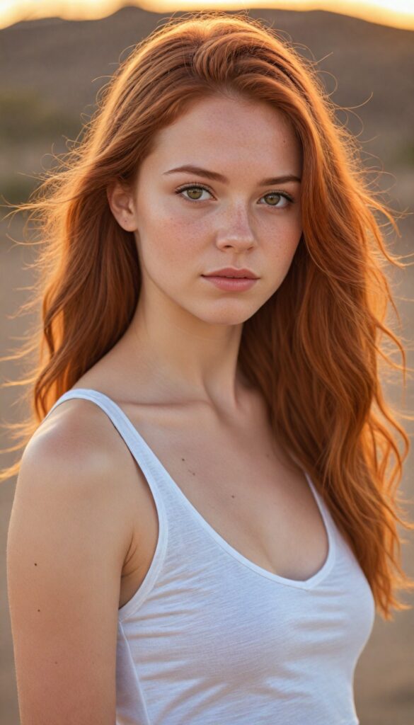 a detailed and realistic portrait from a young teenage girl with soft long red hair, detailed amber eyes, (wears a white super fine light pink cropped tank top with deep v-neck) that support her body, she has a perfect curved body, (against a backdrop with sandy desert and sunset)