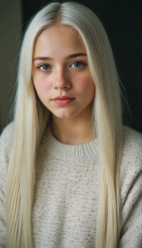 a (young teen girl), wears a super fine wool sweater, (long straight white hair) super realistic