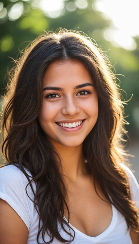 a young cute and busty teen girl from middle east, (stunning) (gorgeous) (detailed close-up portrait), plain soft hair, white t-shirt, detailed beautiful eyes, deep v-neck, smile, sunny backdrop