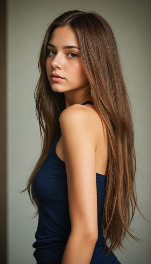 an attractive (teen girl) dressed in a sleek, (short-cropped tank top), with flowing, long tresses soft hair, cascading down her back, captured in a (vividly realistic photo). Her features are softly highlighted by the dimly lit room