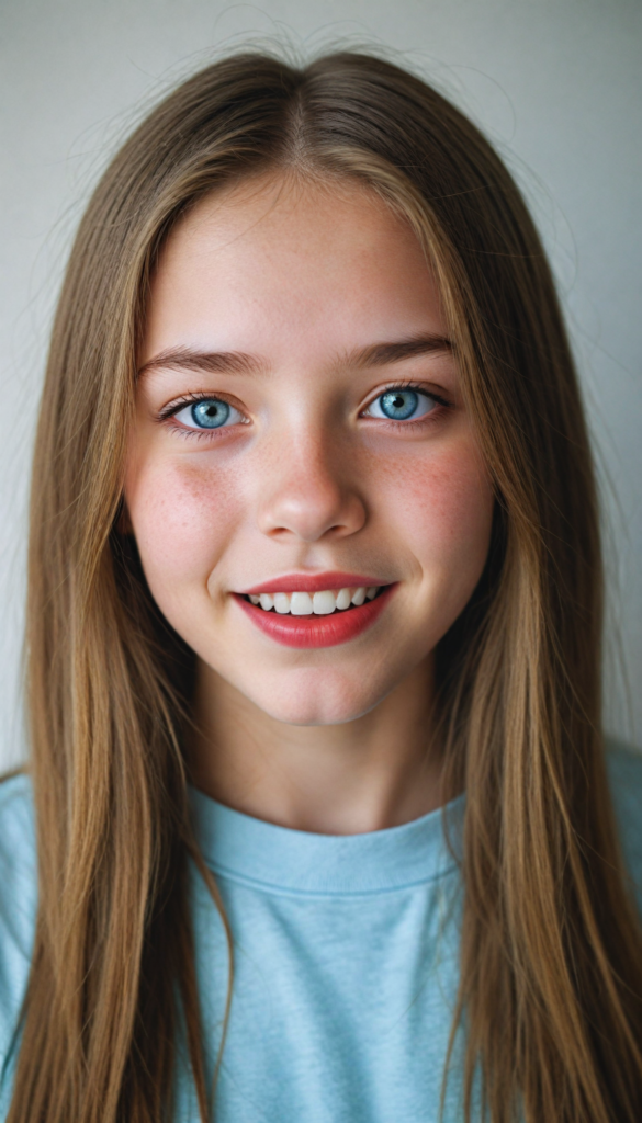 a (detailed portrait) from a silvery-skinned (young innocent girl), long soft straight light brown hair, white t-shirt, light blue eyes, (full red lips), mouth slightly open, white teeth