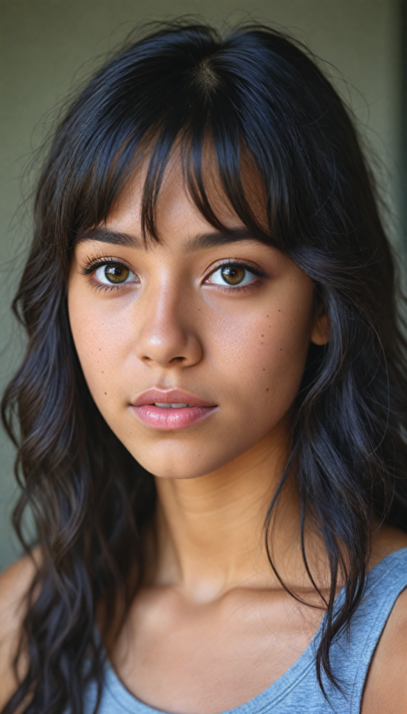 super realistic, 4k, detailed face, cute Exotic teen girl, long black wavy soft hair, bangs cut, wear a grey crop tank top, looks at the camera, portrait shot