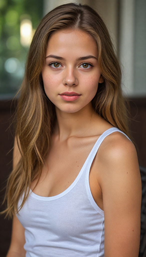 a very detailed and realistic portrait of a (cute teen girl), (long yet straight light brown hair), (realistic detailed brown eyes), (full kissable lips), (realistic detailed, light amber eyes), (face illuminated), (wearing a very low cut (white tank top) made on fine wool), perfect curved fit body