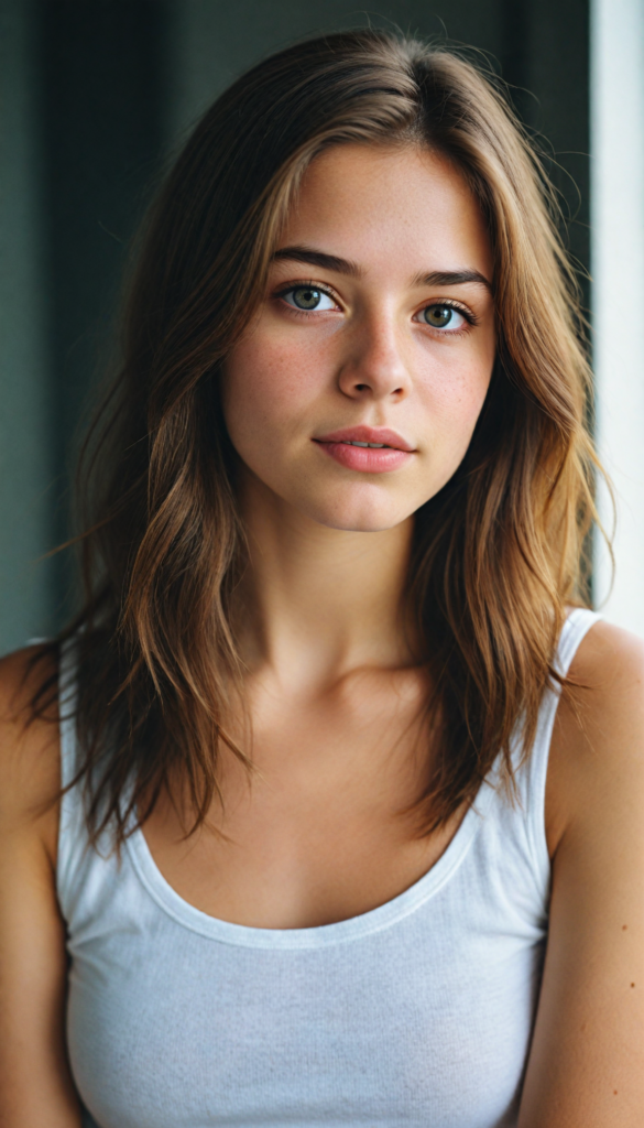 a very detailed and realistic portrait of a (cute teen girl), (long yet straight (cooper-brown hair), (realistic detailed (brown eyes), (full kissable lips), (realistic detailed, light amber eyes), (face illuminated), (wearing a very low cut (white tank top) made on fine wool), perfect curved fit body