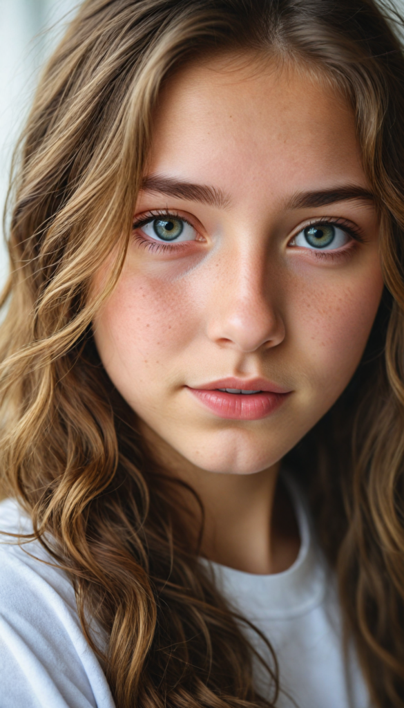 detailed and realistic photo from a young teen girl, soft long brown wavy hair, realistic eyes and face, close up portrait, white t-shirt, (gorgeous) (stunning)