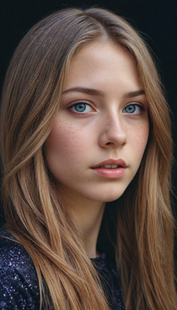 (portrait), intricately detailed pencil drawing, silvery-skinned (young teen girl) with cascading long straight molten copper hair that glimmers like liquid metal, piercing violet eyes reflecting a cosmic universe, set against a velvety black background that appears to shimmer with starlight, reminiscent of a blend between classical realism and modern fantasy illustration