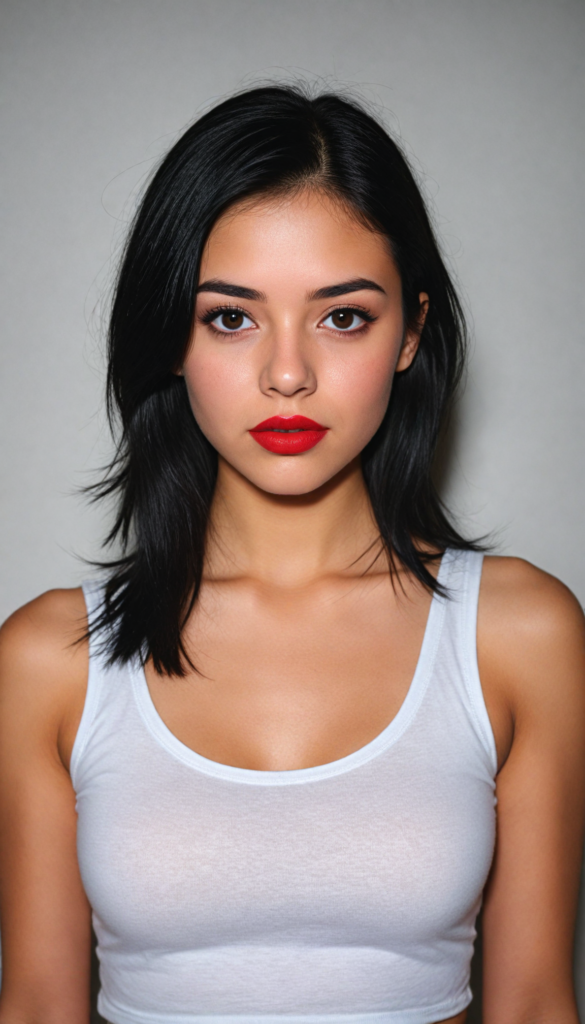 detailed and realistic photo from an innocent (young teen girl), straight black hair, (round face), black eyeliner, dark eyes, red lips, looks seductive, (black cropped tank top), (white background), front view