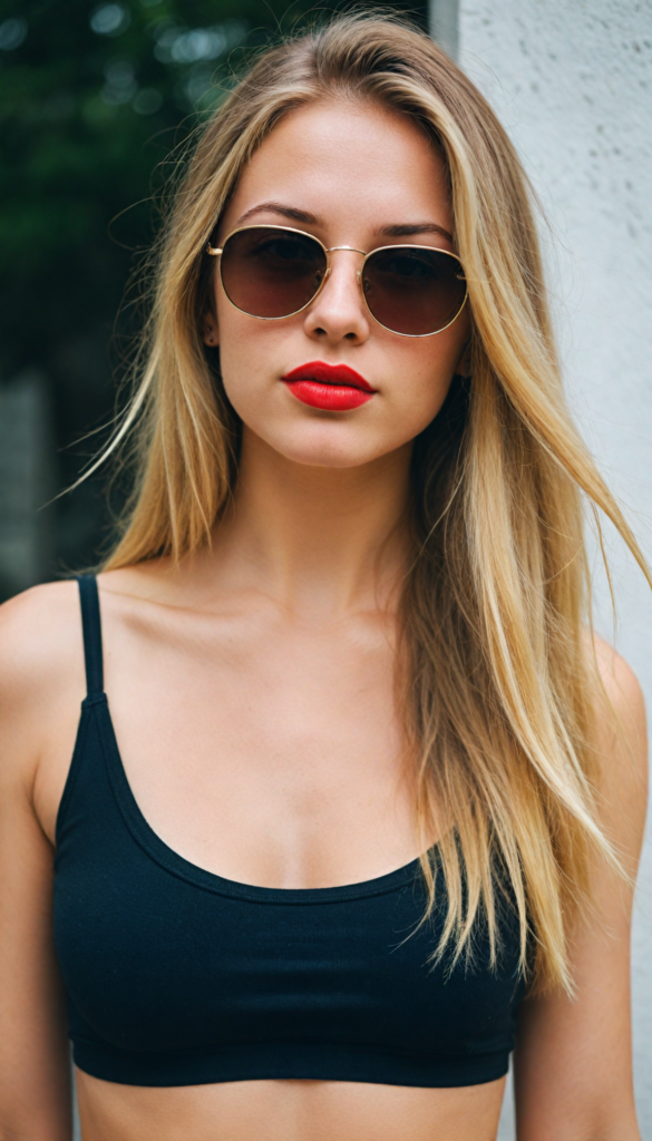 a cute young teenage girl with long straight blond hair wears sunglasses. She has full, red lips and wears a black, tight tank top which perfectly emphasizes her perfect body, accentuating her (navel) and (soft, youthful thighs)