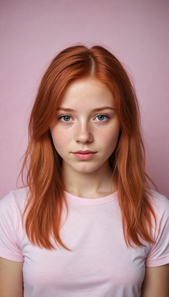 a innocent (red-haired teen girl), straight hair, wears a light pink thin form-fitting t-shirt