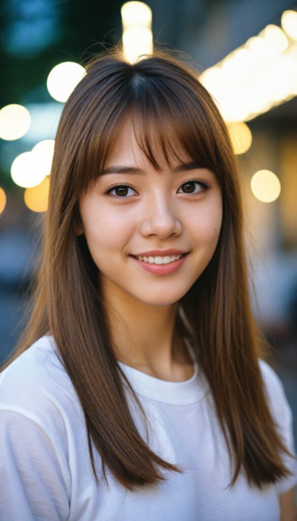 a portrait of (cute) Asia teen girl (long, straight light brown hair, bangs), (stunning), beautifully realistic, cinematic lights, realistic detailed angelic round face, (realistic detailed amber eye) looks happy at the camera, perfect curved body, (wears a super short tight (white t-shirt)), perfect anatomy, side perspective