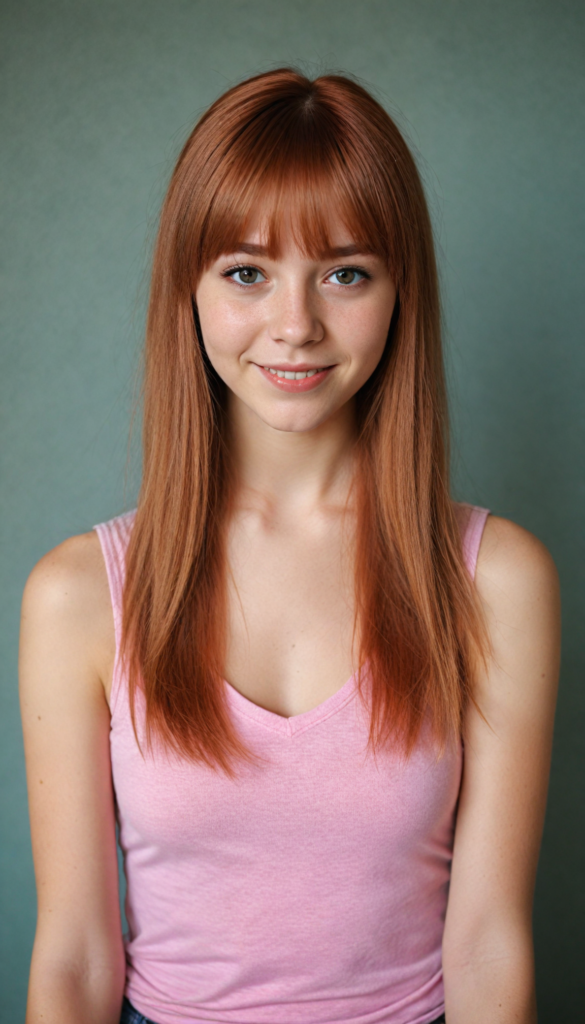 super realistic, 4k, detailed face, cute petite teen girl, long ligh red super soft straight hair, bangs cut, wear a (pink short tight cropped tank top with deep v-neck), looks at the camera, smile, portrait shot