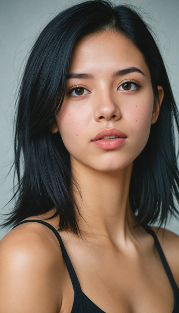 a (young girlie), wears a short cropped black tank top, straight soft long black hair, (round face), full kissable lips, round eyes, perfect skin