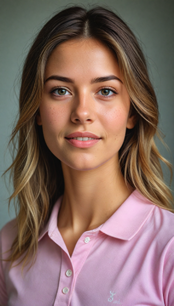 a (cute) (detailed and realistic) (young adult) (female) with long, flowing, voluminous, dark brown hair featuring blonde highlights, large, detailed and matching eyes, wearing a (thin form-fitting plain pink polo shirt), (tanned skin), (gorgeous), (stunning), (model), (smiling), (looking into the camera), (wearing only skin), (completely covered), (alluring pose), (sunlight catching her hair), (face illuminated), (looking into the camera)