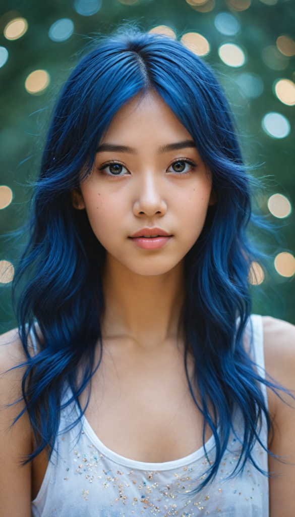 hyper-realistic, intricately detailed portrait of a captivating young Asian girl with flowing, iridescent dark blue hair that glimmers like the night sky. She gazes softly into the camera, her expression embodying a blend of innocence and curiosity. Adorned in a delicate, sheer white tank top that subtly catches the light, the background features a dreamy bokeh of soft pastel colors, creating an ethereal atmosphere. Incorporate elements of watercolor splashes and shimmering glitter for a magical touch, reminiscent of contemporary fantasy art styles.