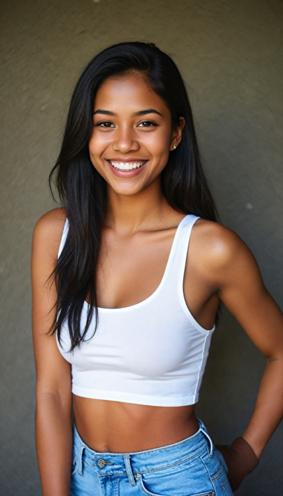 a (brown-skinned teen girl) with a joyful and sunny smile, wearing a sleek and fitted short crop white tank top that showcases her perfect, curves, captured in a (flawless portrait), with black long straight smooth hair