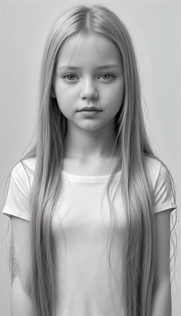 ((portrait)), detailed pencil drawing, silvery-skinned (((young girl))), long straight platinum hair, white shirt