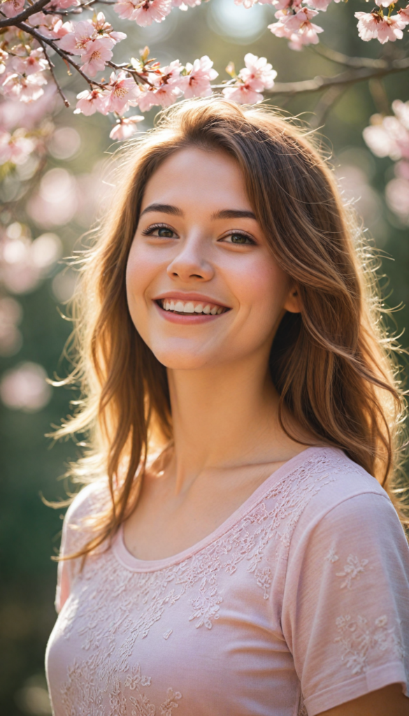 a close up portrait of an exuberant teenage girl with a beaming, sunny smile that radiates warmth, dressed in a stylish, fitted pastel pink crop top that elegantly highlights her graceful curves. The scene is captured in a dreamy, ethereal style reminiscent of Impressionist paintings, with soft bokeh effects in the background. Her long, flowing straight hazelnut hair glistens in the sunlight, creating a halo effect around her face. Surrounding her are delicate cherry blossom petals gently falling in the breeze, adding a touch of whimsy and charm to the flawless portrait.