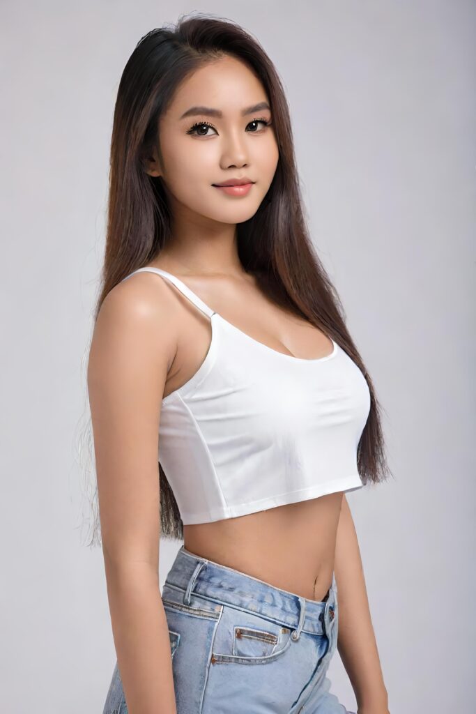 super realistic, detailed portrait, a beautiful young busted girl with long hair, looks sweetly into the camera. She wears a white crop top, perfect curved body