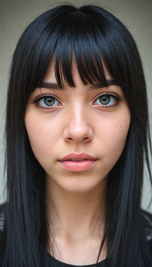 a realistic, detailed, dynamic photography from a beautiful young teen (Emo girl), with (detailed obsidian long soft straight hair, bangs), full kissable lips, looking into the camera, perfect detailed face, side view, (close up portrait), (stunning), (gorgeous), (white background)