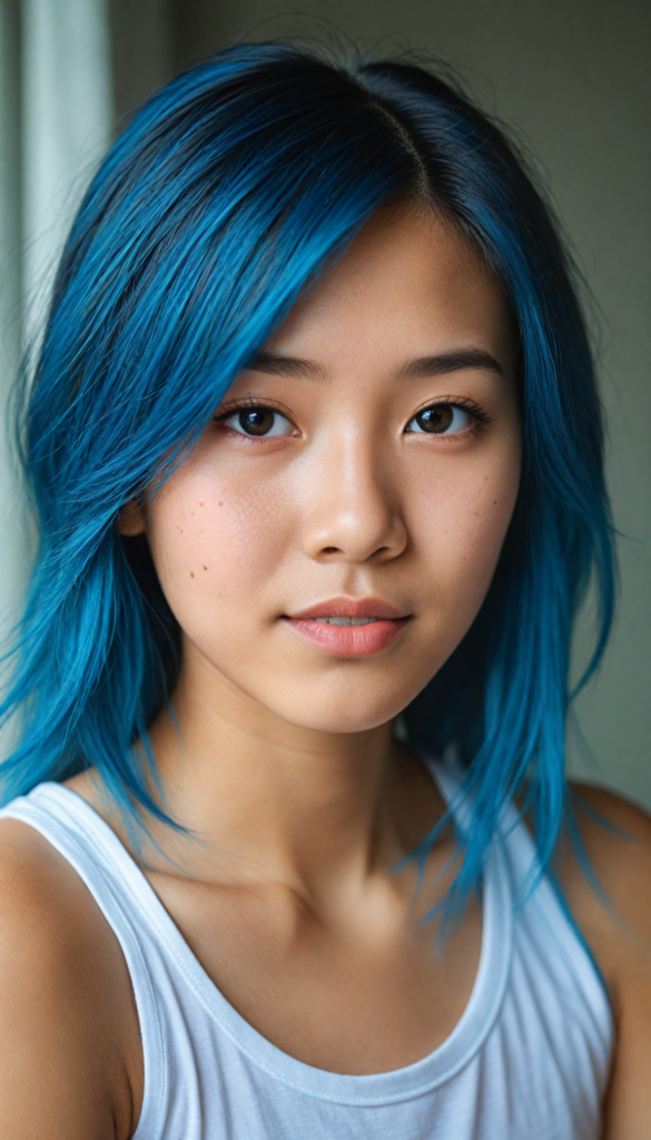 super realistic, detailed portrait, a beautiful young Asian girl with long blue soft detailed hair looks sweetly into the camera. She wears a white tank top