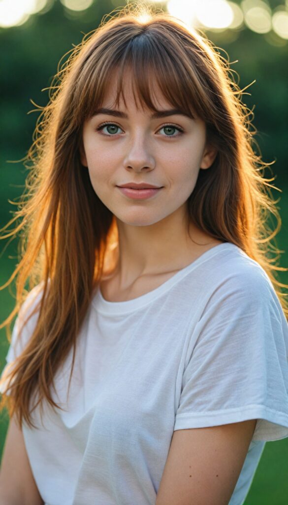 a detailed and realistic photo from a (cute) young girl (long, messy straight auburn hair, bangs), (stunning), (gorgeous), beautifully realistic, cinematic lights, realistic detailed angelic round face, (realistic detailed amber eye) looks happy at the camera, perfect curved body, (wears a super short tight (white t-shirt)), perfect anatomy, side perspective, against a sunny green backdrop