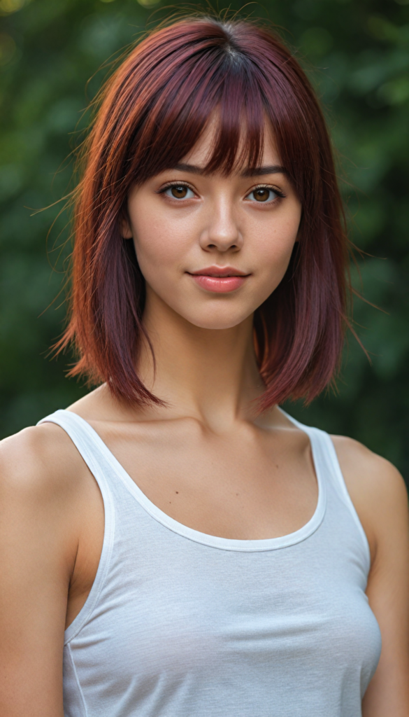 cute teen girl, detailed hair, bangs, white short cropped tank top, perfect curved body, ultra realistic face, realistic amber eyes, detailed maroon straight hair, a stunning photo with beautiful saturation, ultra high resolution, deep shadow, (best quality, masterpiece), highly detailed, depth of field, film grain, looking at viewer, warm smile, (upper body), masterpiece, ultra realistic, extremely detailed CG unity 8k wallpaper, best quality