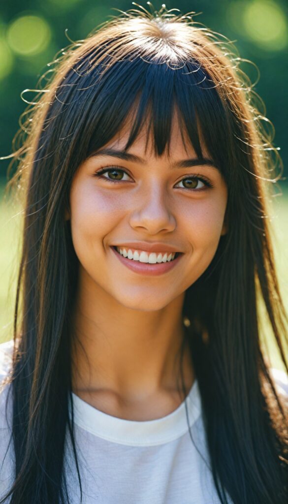 a detailed and realistic photo from a (cute) Indigenous teen girl (long, straight jet hair, bangs), (stunning), (gorgeous), beautifully realistic, cinematic lights, realistic detailed angelic round face, (realistic detailed amber eye) looks happy at the camera, perfect curved body, (wears a super short tight (white t-shirt)), perfect anatomy, side perspective, against a sunny green backdrop