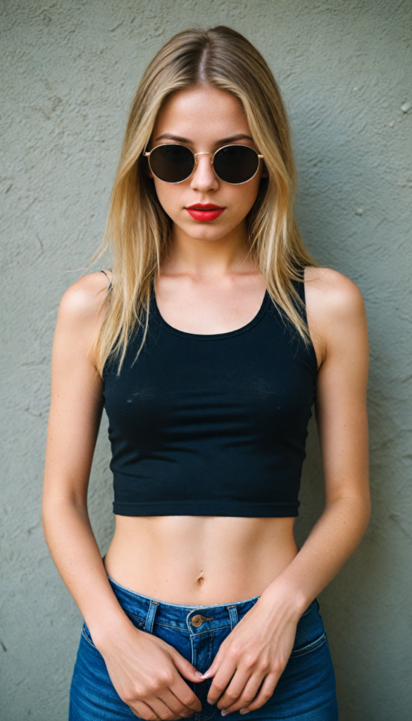 a cute young teenage girl with long straight blond hair wears sunglasses. She has full, red lips and wears a black, tight tank top which perfectly emphasizes her perfect body, accentuating her (navel) and (soft, youthful thighs)