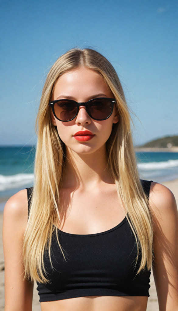 a cute young teenage girl with long straight blond hair wears sunglasses. She has full, red lips and wears a black, tight tank top which perfectly emphasizes her perfect body, accentuating her (navel) and (soft, youthful thighs) all against a sunny beach backdrop