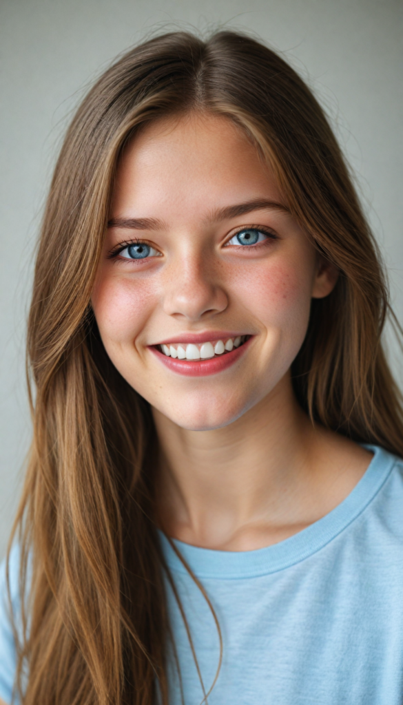 a (detailed portrait) from a silvery-skinned (young innocent girl), round, angelic face, flawless soft skin, long soft straight light brown hair, white t-shirt, light blue eyes, (full red lips), warm smile, white teeth