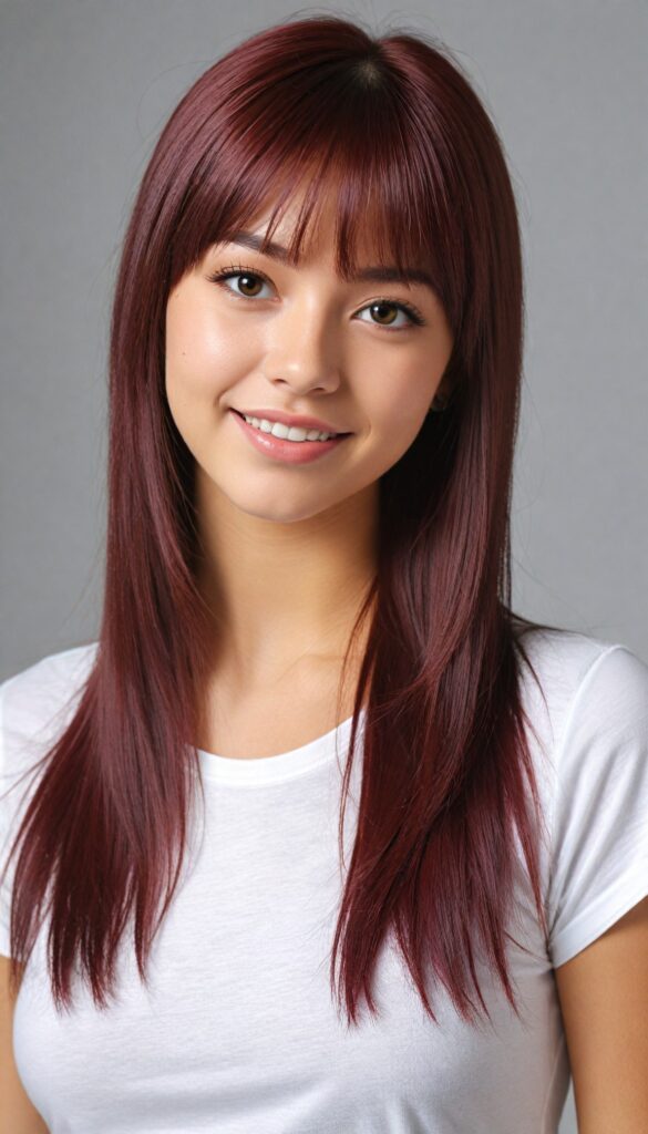 cute teen girl, detailed straight hair, styled bangs, white tight short t-shirt, perfect curved body, ultra realistic face, realistic amber eyes, detailed maroon straight hair, a stunning photo with beautiful saturation, ultra high resolution, deep shadow, (best quality, masterpiece), highly detailed, looking at viewer, warm smile, ultra realistic, side shot, white background, full body shot