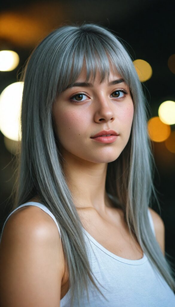 (portrait) of (cute) (elegant) (attractive) (long, straight grey hair) (stunning) a beautifully realistic, cinematic lights, teen girl, bangs cut, realistic detailed angelic round face, (realistic detailed hazelnut eye) looks sadly at the camera, portrait shot, perfect curved body, (wears a super short tight (tank top)), perfect anatomy, side perspective