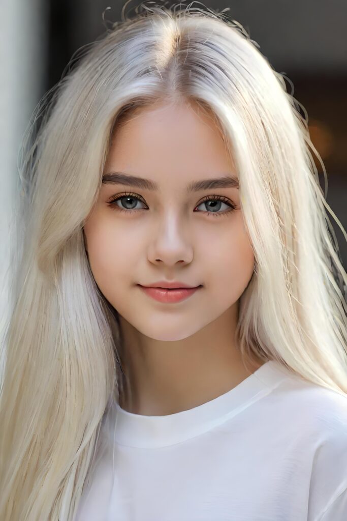 super realistic, detailed portrait, a beautiful young girl with long hair looks sweetly into the camera. She wears a white shirt.