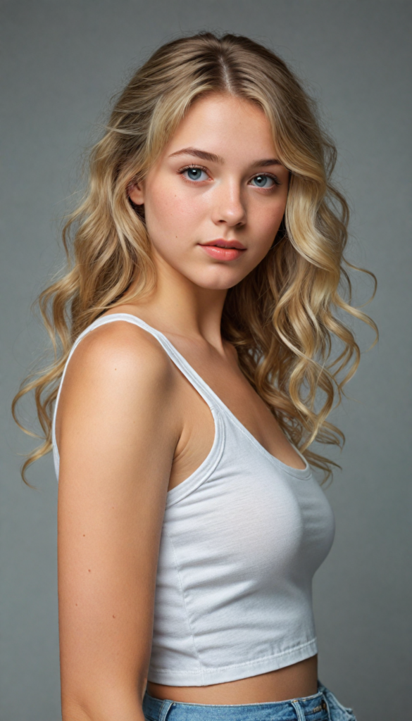 a (beautifully drawn full body portrait) of a (young teen girl with long, jet straight summer blond hair), capturing a (stunningly realistic) curl pattern, advanced facial features that exude cuteness, like (baby-doll eyes), a cropped bang haircut that frames her face, hair color that mimics (hazelnut) tones, a detailed yet angelic complexion, looking directly into the camera, a (side profile portraits), with impeccably drawn curves and contours that match her figure, against a (softly contrasting white backdrop), a short, sleeveless top and super short, cuffed pants that accentuate her (flawless anatomical proportions)