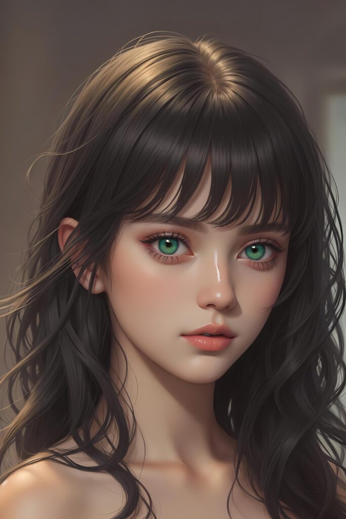 ((gorgeous)) ((stunning)) ((portrait)) masterpiece of teen girl detailed face with green eyes, black wavy hair, bangs cut