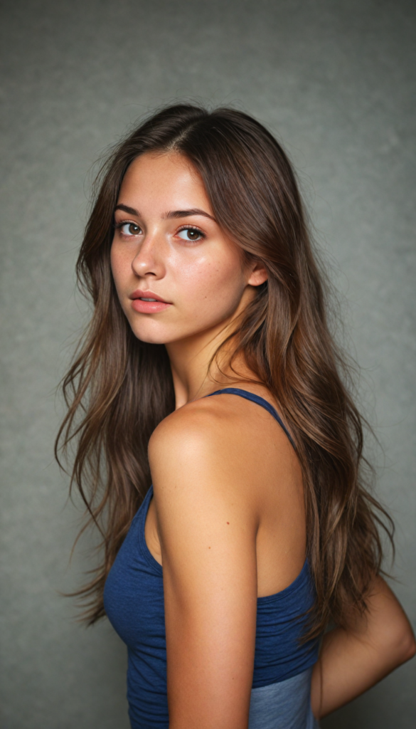 an attractive (teen girl) dressed in a sleek, (short-cropped tank top), with flowing, long tresses soft hair, cascading down her back, captured in a (vividly realistic photo). Her features are softly highlighted by the dimly lit room