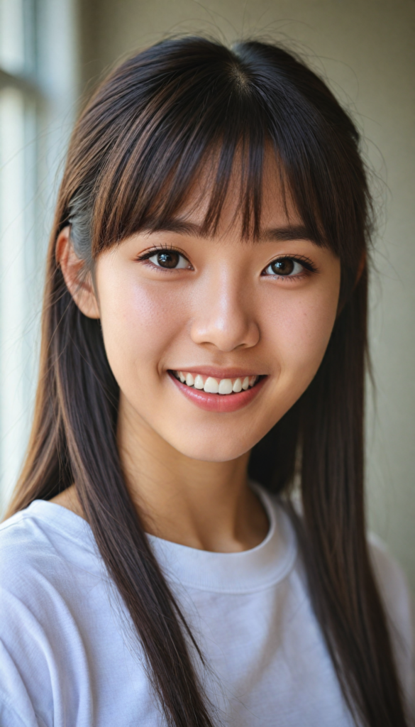 (portrait), detailed, (a young Korea girl), long straight soft detailed hair, Korean Style Bangs, realistic and detailed dark eyes, full lips, white t-shirt, smile, white teeth