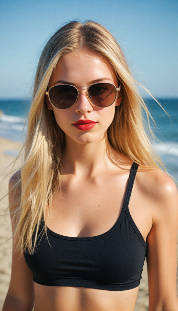 a cute young teenage girl with long straight blond hair wears sunglasses. She has full, red lips and wears a black, tight tank top which perfectly emphasizes her perfect body, accentuating her (navel) and (soft, youthful thighs) all against a sunny beach backdrop