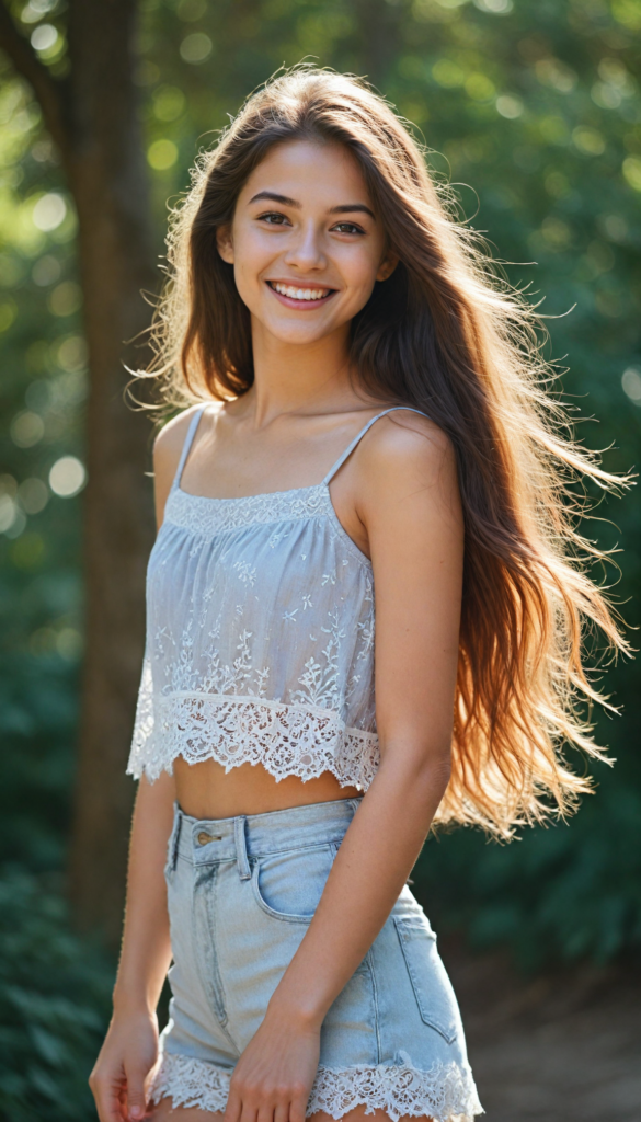 portrait of an enchanting young girl with sparkling eyes and a joyful smile, wearing a stylish grey crop top adorned with delicate lace, flowing long straight hair that dances with the breeze, showcasing an elegant silhouette in a whimsical side view. She pairs her outfit with chic grey high-waisted shorts that highlight her graceful curves. The background is a dreamy blend of soft pastel colors, evoking a serene afternoon light.