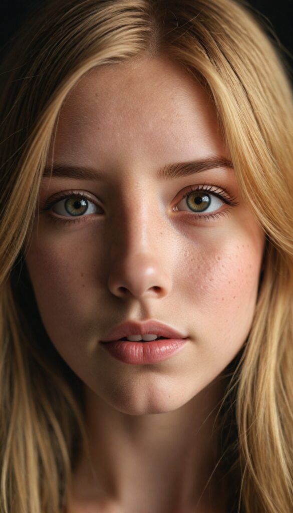 a very detailed and realistic upper body portrait of a (girl), (long yet straight copper-blond hair), (realistic detailed brown eyes), (full kissable lips), (realistic detailed, light amber eyes), (face illuminated)