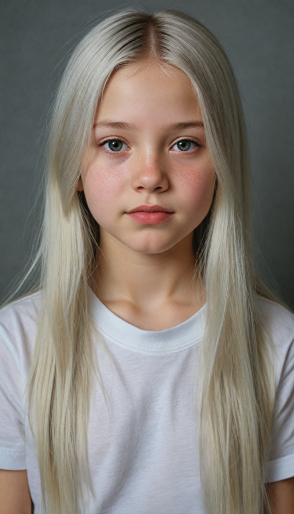 (portrait), detailed pencil drawing, silvery-skinned (young innocent girl), long soft straight platinum hair, white t-shirt