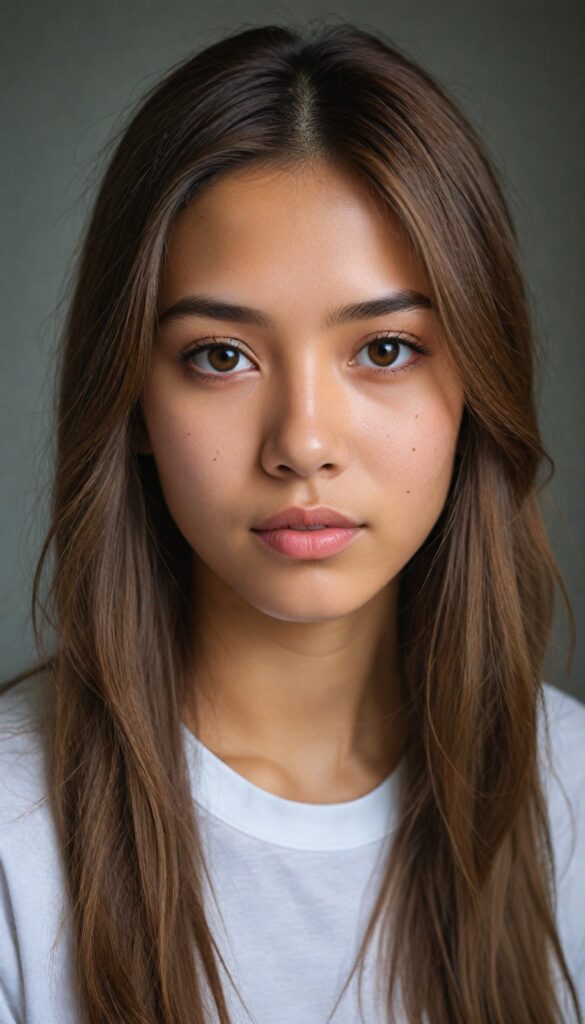 a breathtakingly (realistic portrait), capturing the essence of youthful beauty, featuring a (Burmese teen girl) who exudes (serene elegance), with long, flowing (straight hazelnut hair), and a (flawlessly detailed angelic face), where her (soft, realistic hazelnut eyes), gaze sadly towards the viewer from a (side perspective). She is clad in a (super short, sharply tailored (white T-shirt), cut from thin silk), with flawless anatomical proportions that draw the eye, against a (subtle, uncluttered backdrop of white). The overall atmosphere evokes a (cinematic sophistication) that exudes timeless appeal