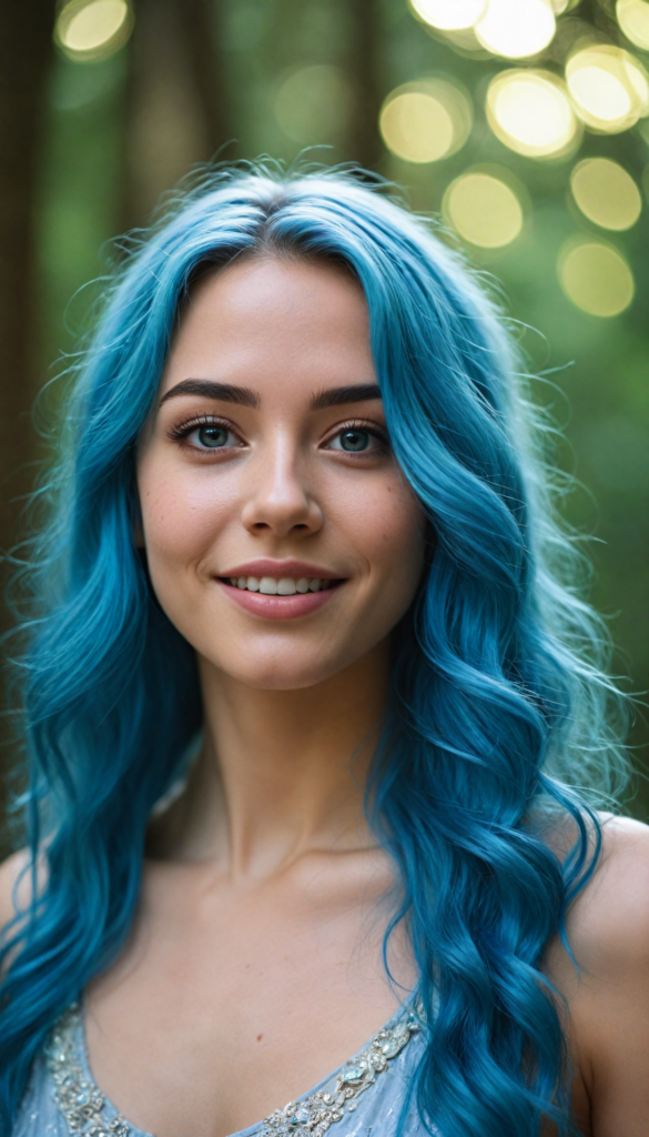 a captivating and hyper-realistic portrait of an enchanting young woman with flowing, silky blue hair infused with shimmering blue highlights, her radiant smile illuminating her delicate features, adorned with ethereal accessories inspired by fantasy elements, set against a dreamy, softly blurred background that suggests a mystical forest or magical realm, upper body focus, showcasing intricate details like glistening eyes and skin that appears almost luminous, evoking a sense of wonder and serenity