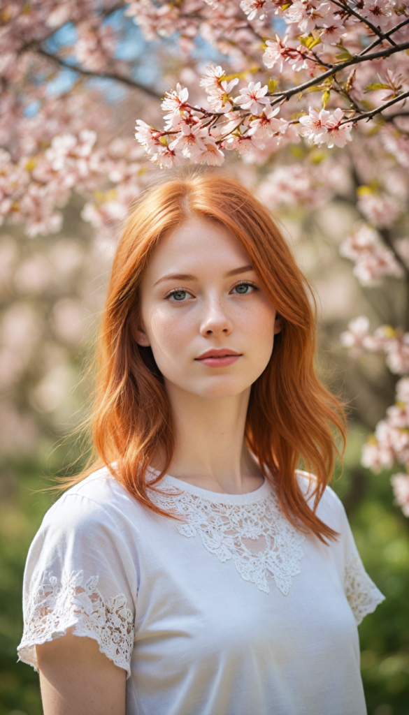 upper-body portrait, a whimsical scene featuring a serene red-haired teen girl with straight hair flowing gently in the breeze, dressed in a delicate light pink, fitted t-shirt adorned with subtle lace details. She is posing, surrounded by blooming cherry blossom trees, with petals drifting gracefully around her. Her expression radiates innocence and curiosity as she gazes at a brightly colored butterfly that flits nearby, capturing the essence of a dreamy spring afternoon, reminiscent of a watercolor painting in the style of Claude Monet.