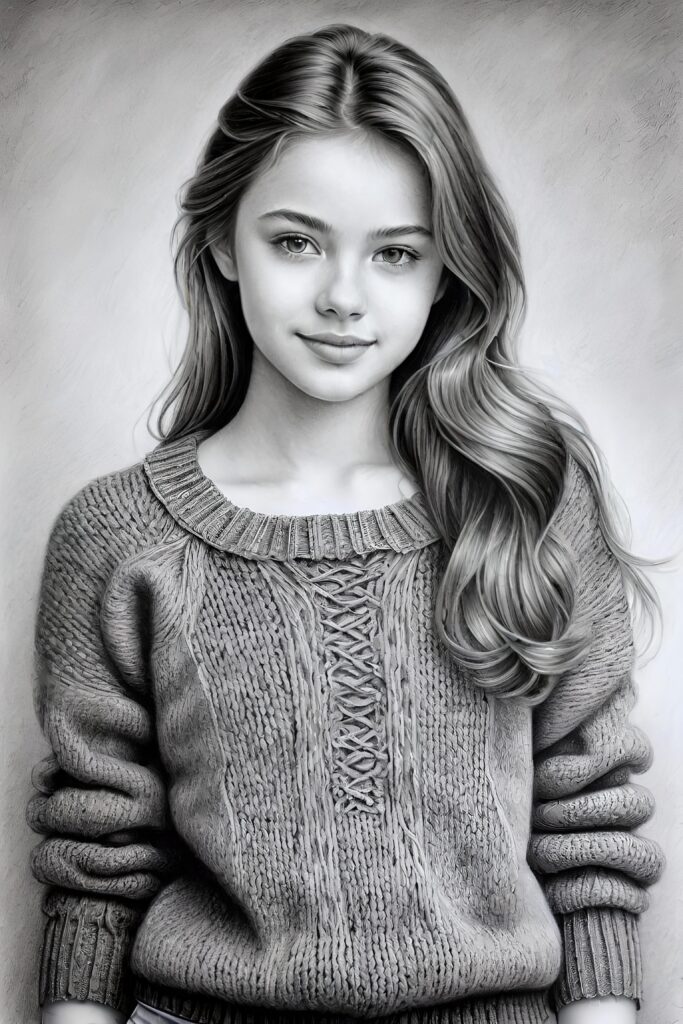 super realistic, detailed, ((gorgeous)) ((stunning)) cute young breasted girl, full portrait, 18 years old, pencil drawing, thin wool sweater