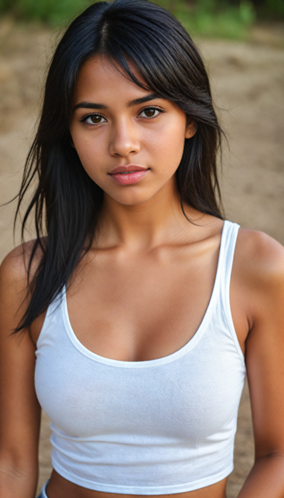 a beautifully close-up portrait (brown-skinned young well busty teen girl) with softly (straight black hair) framing her face in side bangs, full lips, (full body), she wears a white tank top, perfect curved body, in a dessert