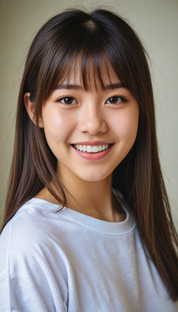 (portrait), detailed, (a Japanese young cute girl), long straight soft detailed hair, realistic detailed amber eyes, bangs cut, white t-shirt, smile, white teeth