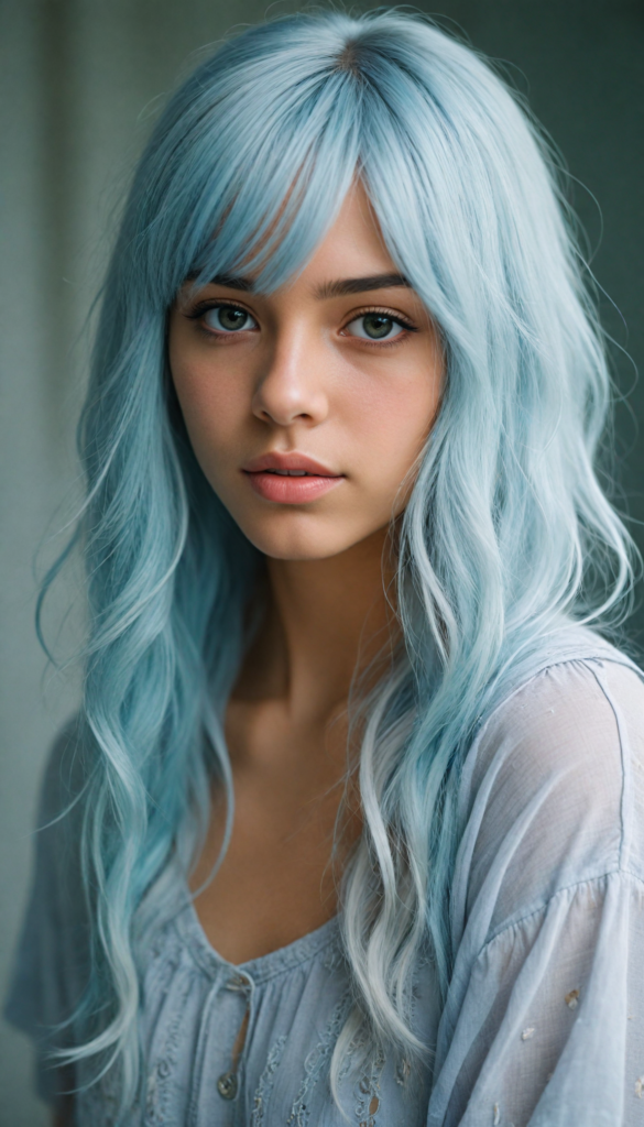 a whimsically illustrated brown-skinned teen emo girl, with cascading, gently undulating straight white hair framing her face, accentuated by a subtle cascade of side bangs. Her complexion glows with an ethereal light blue hue, embodying a haunting beauty that evokes a bittersweet sense of melancholy and introspection. Surrounding her is a dreamy, misty backdrop of soft grey, interspersed with delicate, ethereal swirls of muted pastel colors, creating a serene yet poignant atmosphere reminiscent of a twilight dreamscape. The scene captures the essence of emotional detachment, while inviting viewers to delve into the depths of her reflective demeanor, with intricate, whimsical details that evoke a sense of fragile beauty.